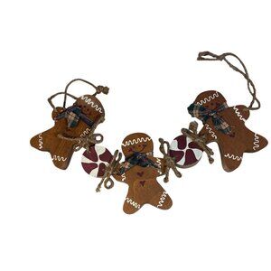 Gingerbread Man Garland With Peppermint Accents & Plaid Bows Wood 13 Inches Long